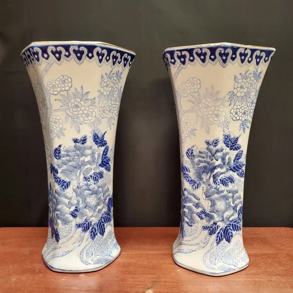 Andrea by Sadek Blue White Chinoiserie Porcelain Floral Vases 10